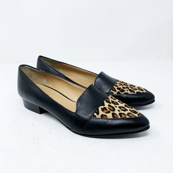 Avellini Black Leather Loafer Pointed Toe Calf Hair Animal Print 40 Made Italy - Picture 1 of 8